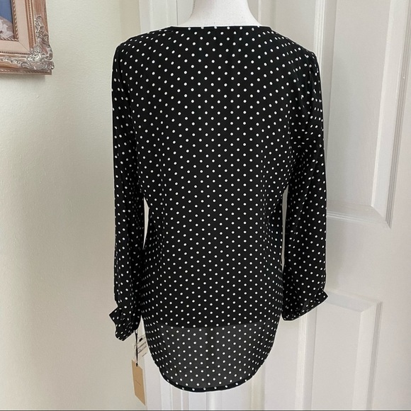 NWT Nordstrom Halogen V-neck Long Sleeve Polka Dot Black Ivory Petite Dot Blouse - Picture 9 of 11